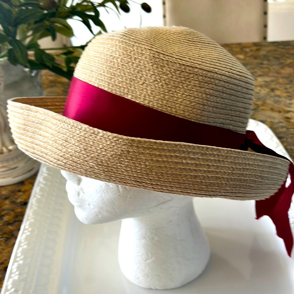 Betmar New York woven tan hat with burgundy ribbon